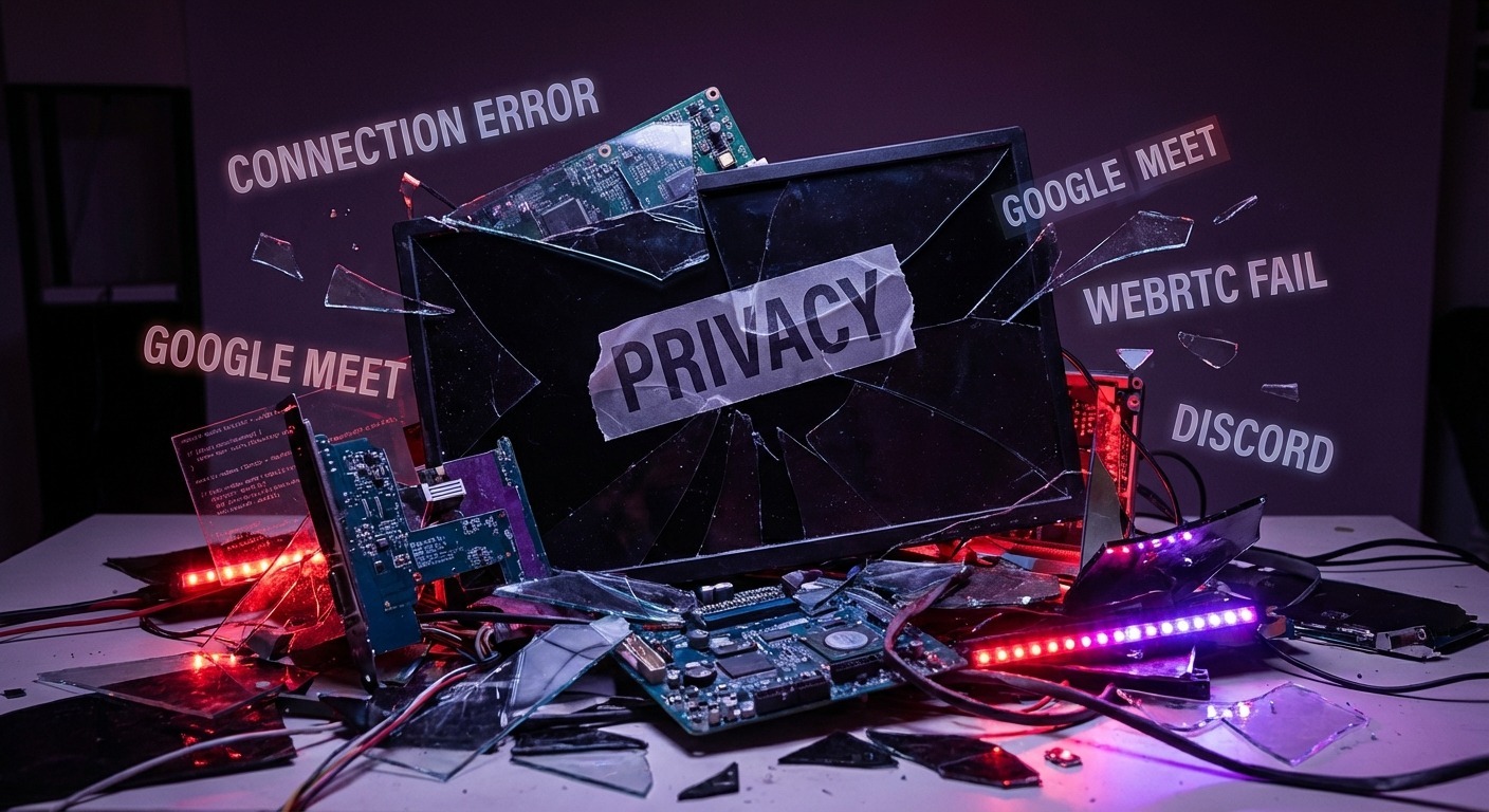 How to Disable WebRTC in Chrome, Firefox & Edge (2026 Guide) 7 Broken web browser with privacy sticker, connection errors.