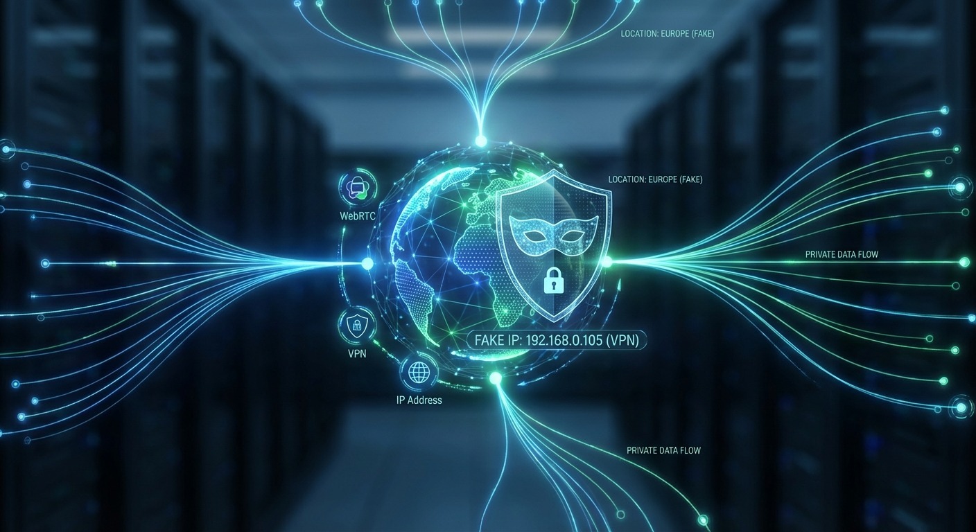 How to Disable WebRTC in Chrome, Firefox & Edge (2026 Guide) 8 Network node with fake IP, WebRTC spoofing.