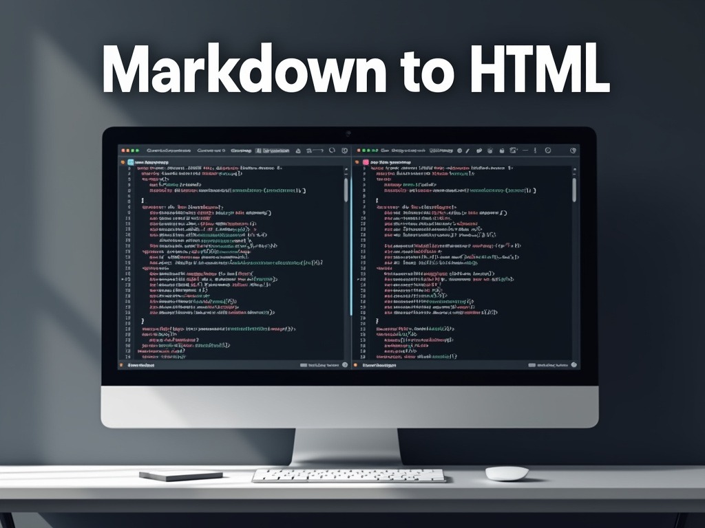 computer screen displaying two coding windows side by side. The left window showcases Markdown syntax with simple, clean text formatting elements like headers, bold, and lists, while the right window presents the equivalent HTML code