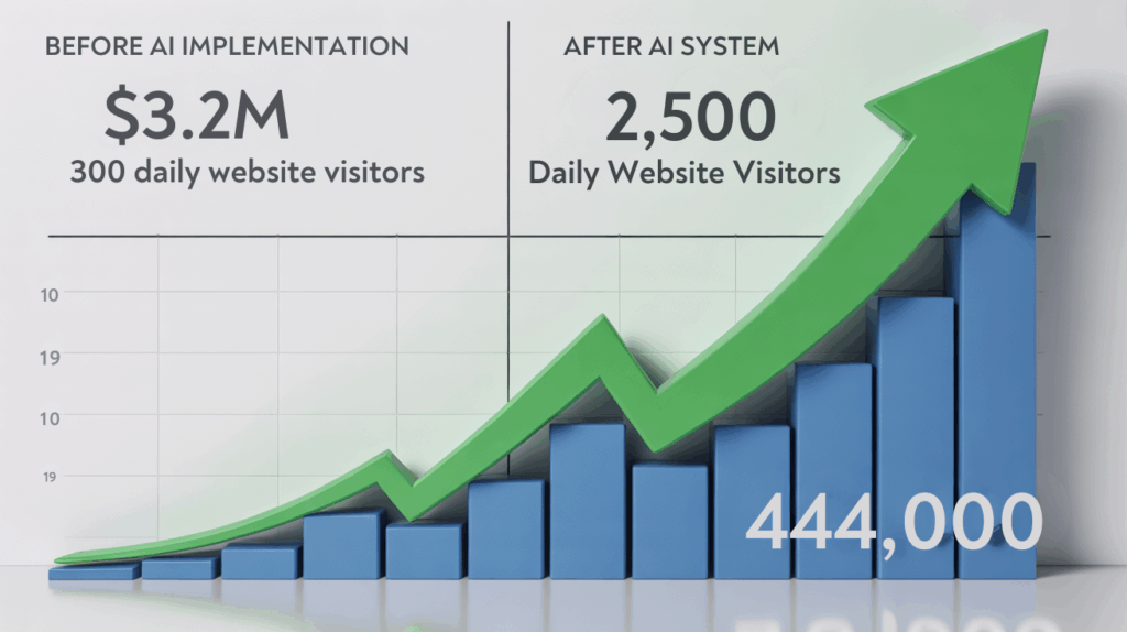 AI Games Review: How I Created This Entire Marketing Campaign in Under 10 Minutes 2 Traffic growth case study showing 700% increase from 300 to 2,500 daily visitors generating $3.2 million in revenue using AI Games content system