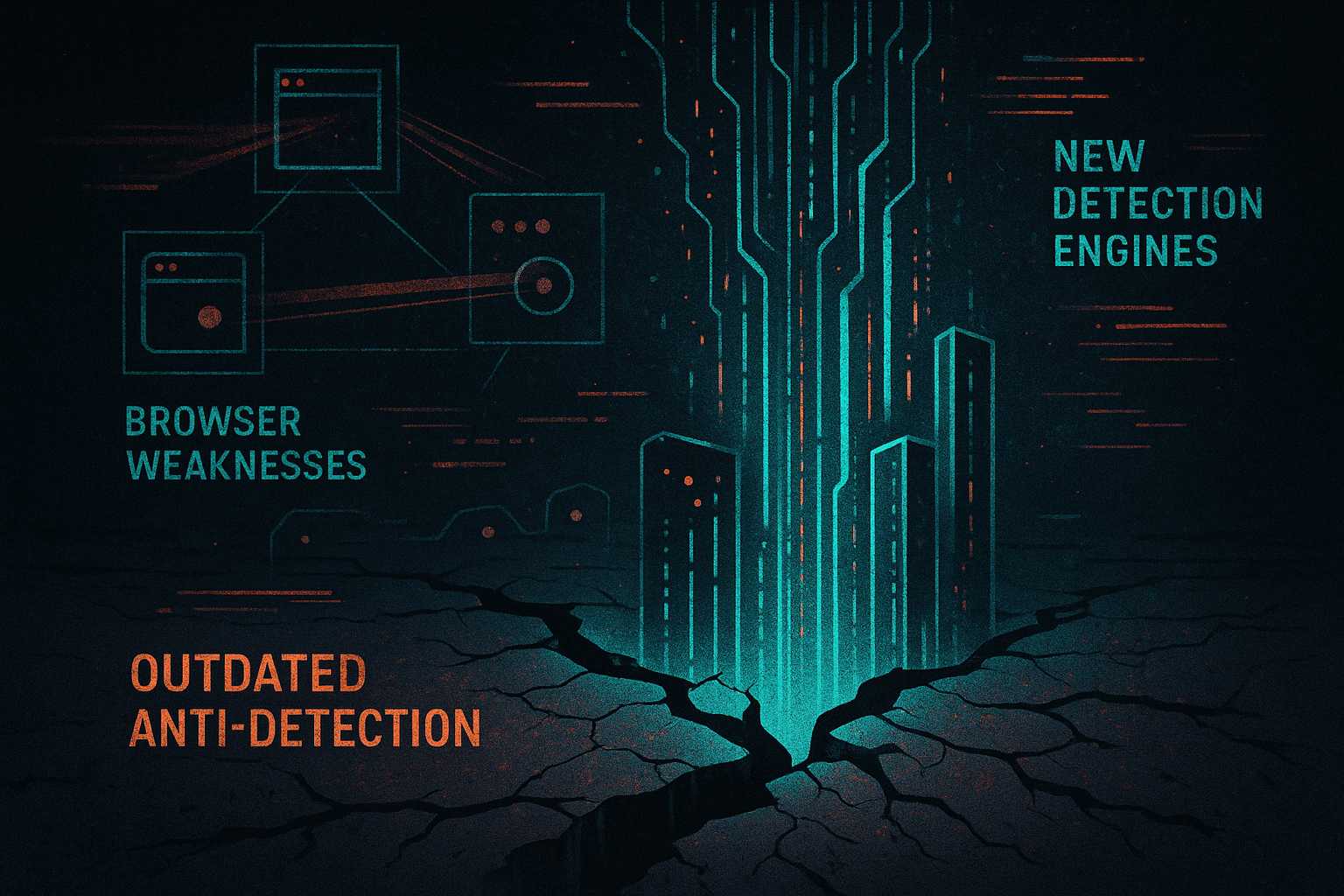 TLS Handshake: Why Anti-Detect Browsers Are Fighting a Losing Battle 2 Cracked foundation metaphor for outdated Anti-Detect Browsers, rising detection engines. Abstract data streams and network nodes.