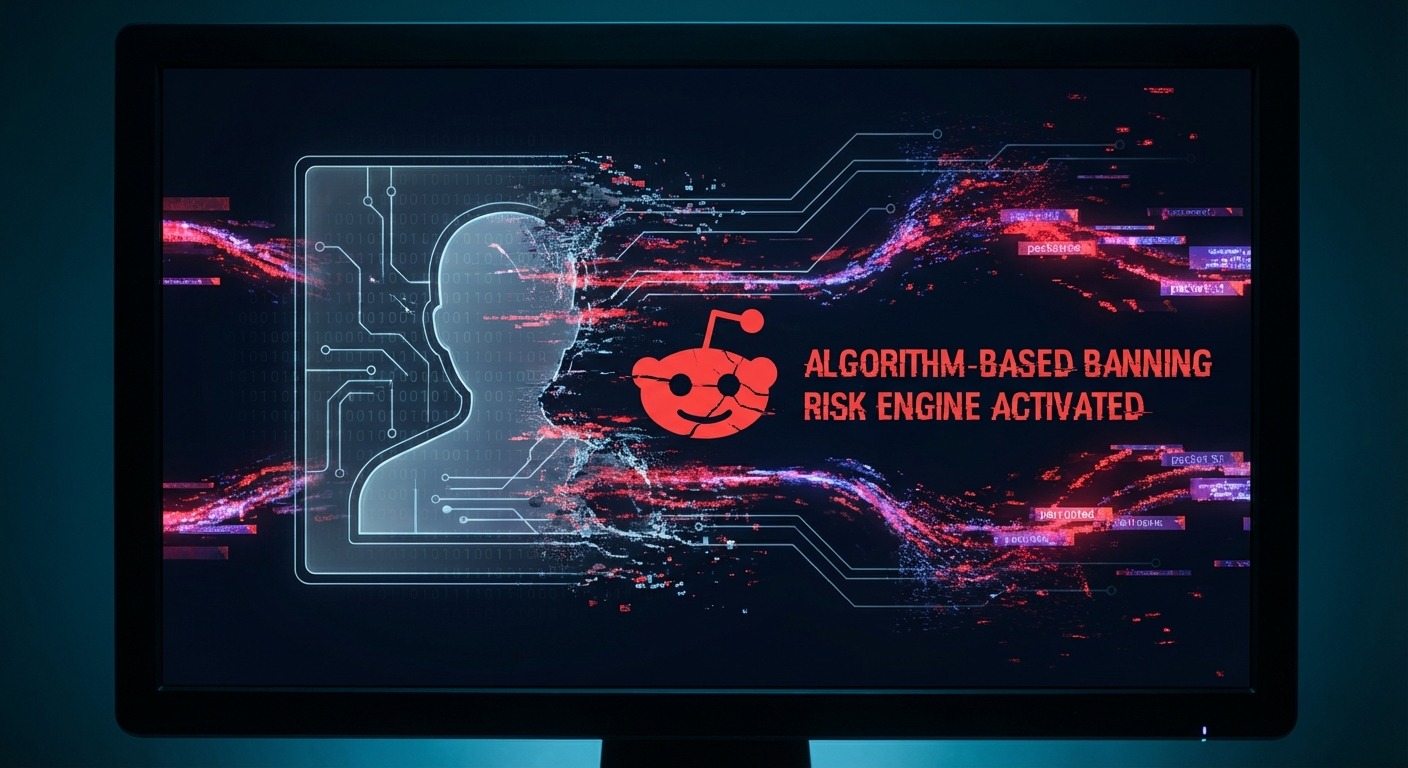 Abstract visualization of a Reddit shadowban, showing a profile fading into digital noise due to device fingerprinting.