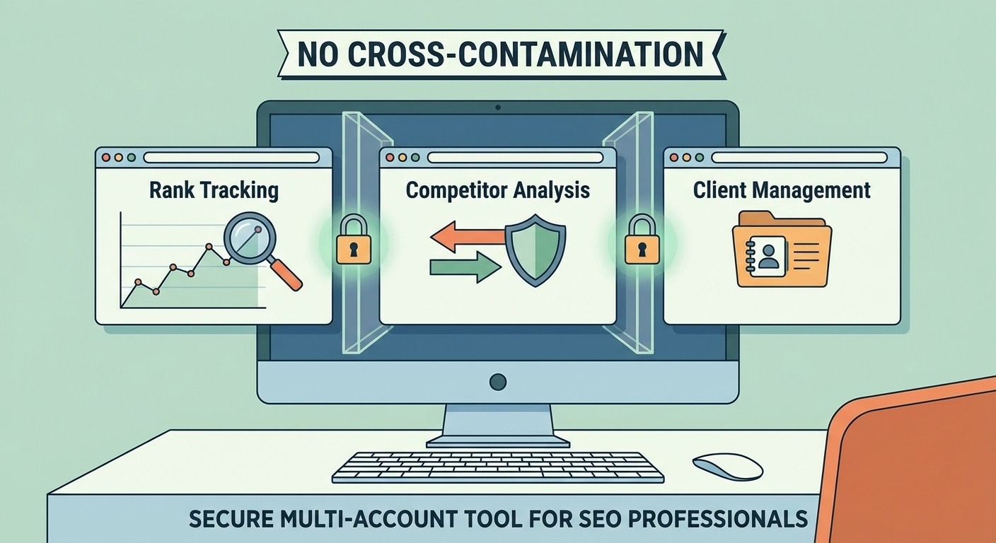 Illustration of a computer screen showing distinct, separated browser windows for different SEO tasks like rank tracking and client management.