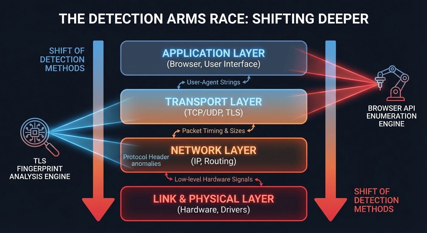 Layered system diagram showing detection methods moving deeper into the network stack.