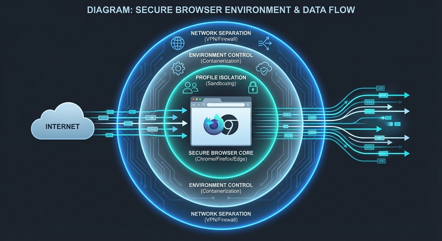 Diagram of a stock browser protected by layers of environment control, profile isolation and network separation.