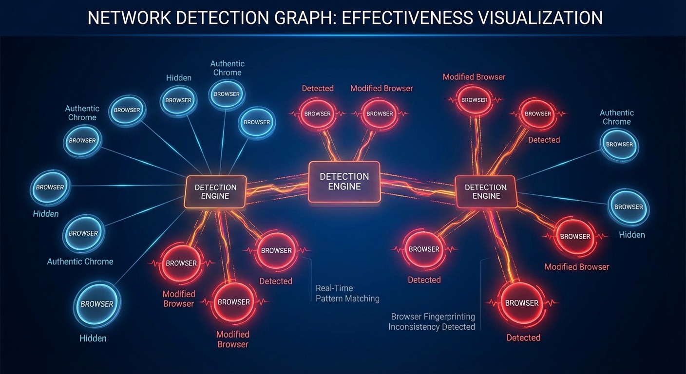 Network graph showing modified browsers being easily detected while authentic browsers remain hidden.