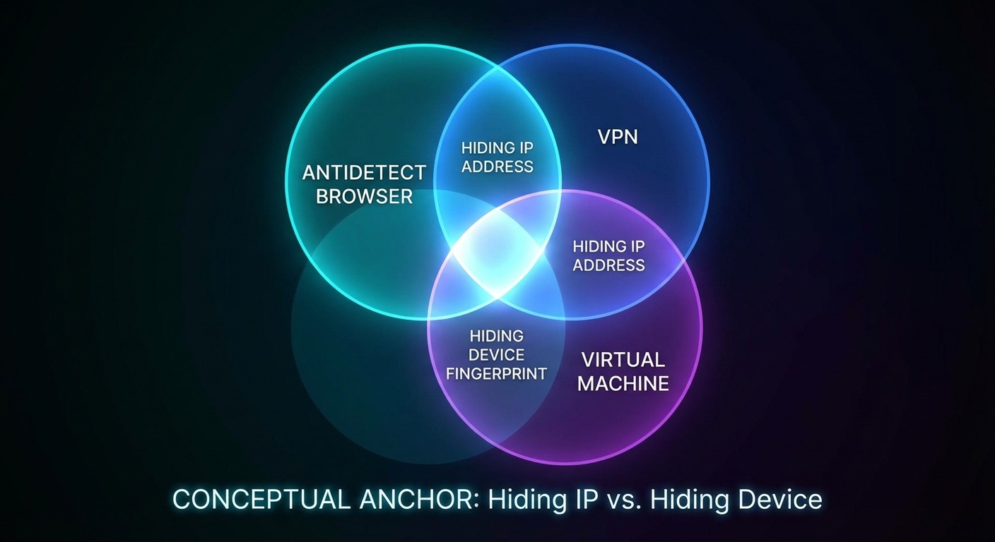 What is an Antidetect Browser? The Critical Guide for 2026 4 Venn diagram: Antidetect Browser, VPN, Virtual Machine. IP address, fingerprint.