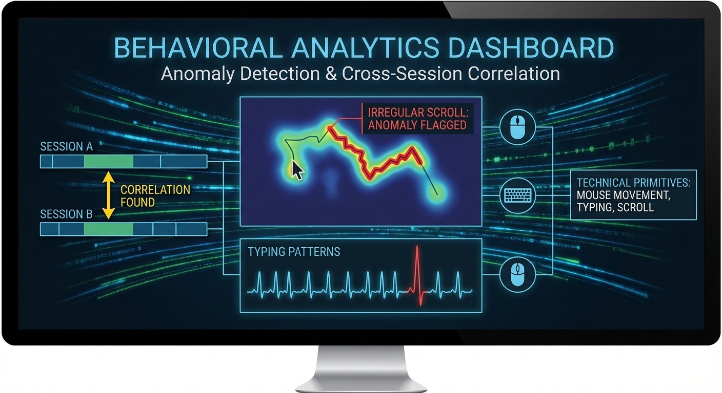 Behavioral analysis: mouse movement, typing patterns, scroll behavior, anomaly detection.