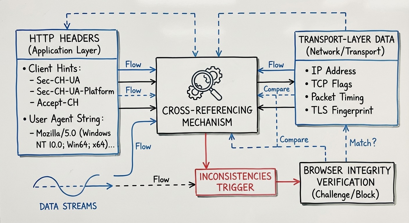 Browser signal detection: Client Hints, User Agent, HTTP headers, cross-referencing.
