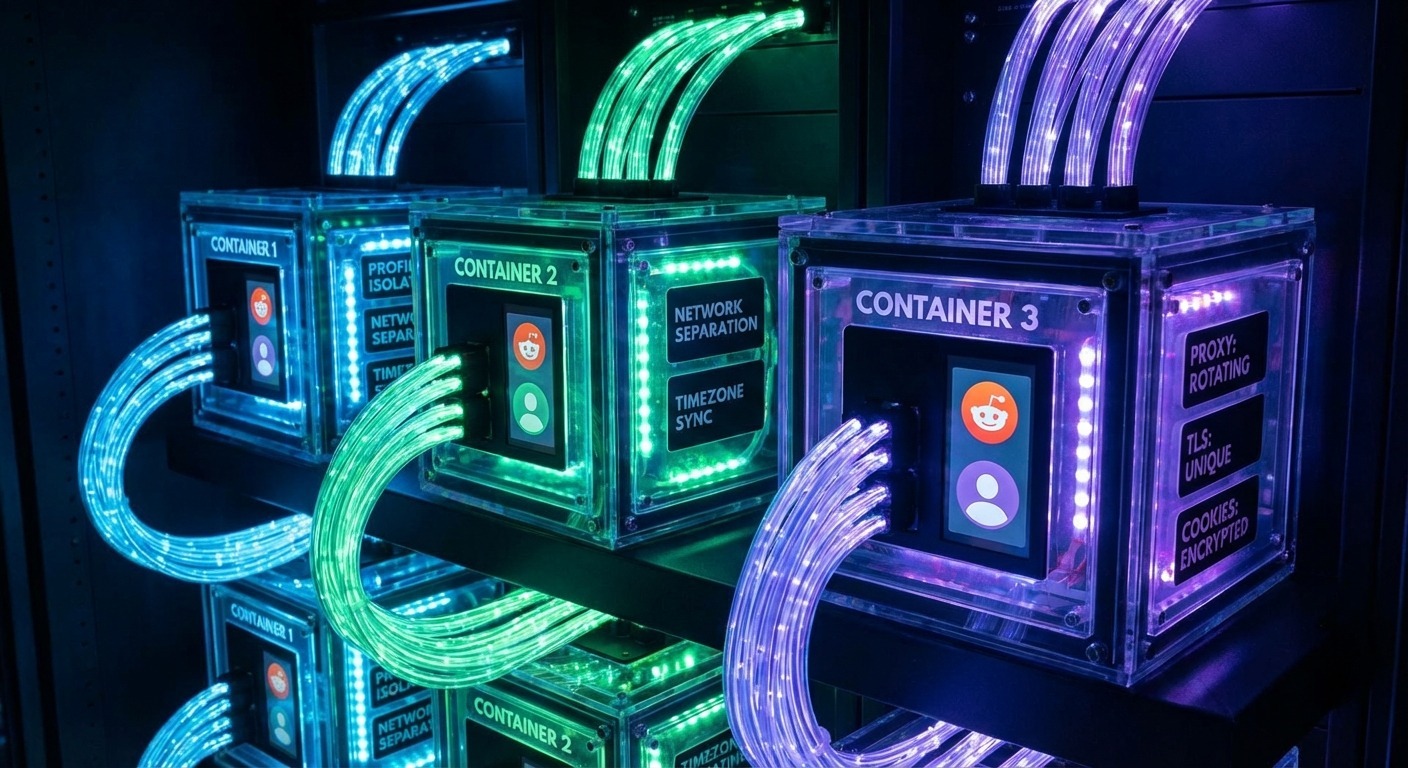 Isolated browser containers provide separate Reddit account environments.