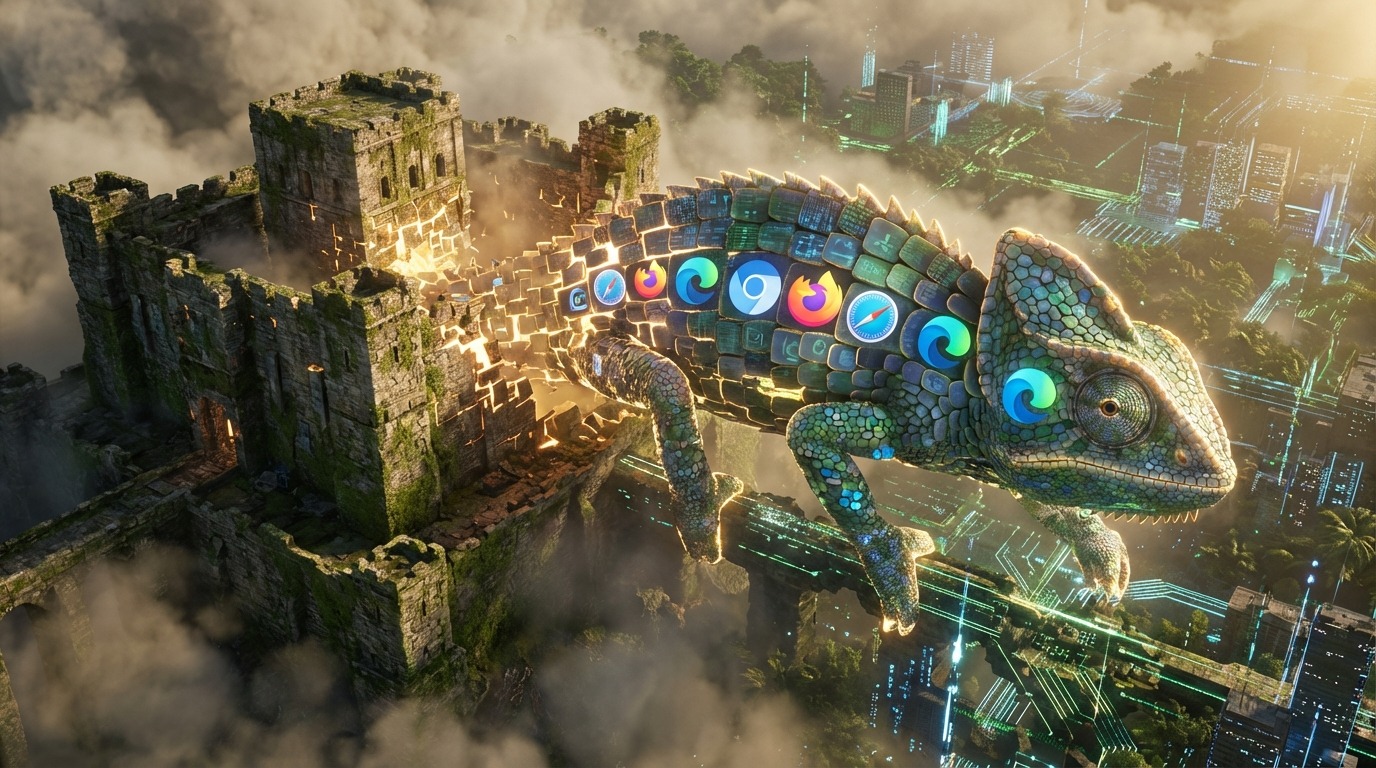 Digital fortress transforming into a chameleon, blending with browser icons. Antidetect browser concept.