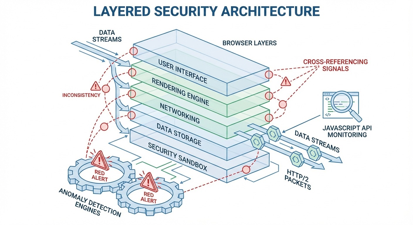 Browser detection illustration: layered security, HTTP/2, JavaScript APIs, anomaly detection.