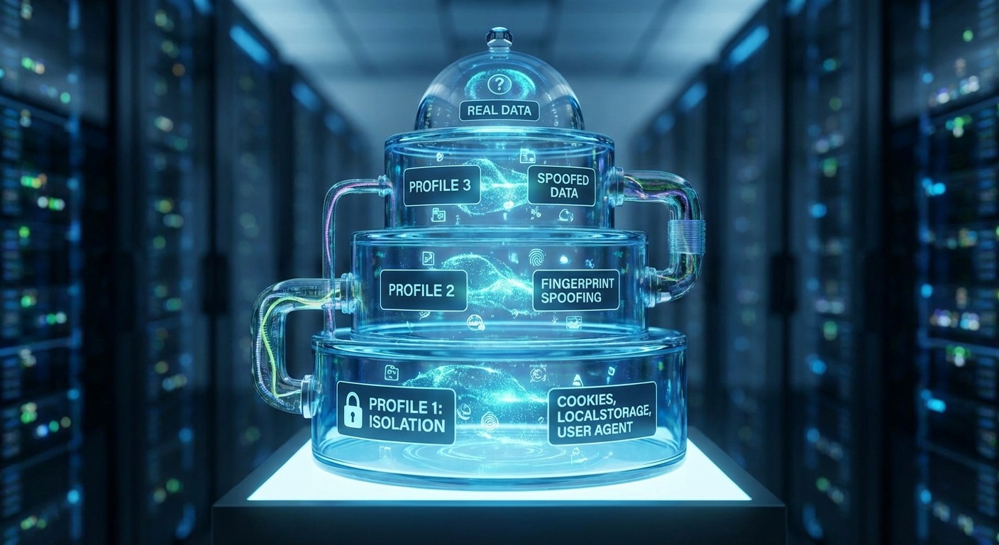 What is an Antidetect Browser? The Critical Guide for 2026 3 Tiered browser profiles. Sandboxed containers, fingerprint data, antidetect browser.