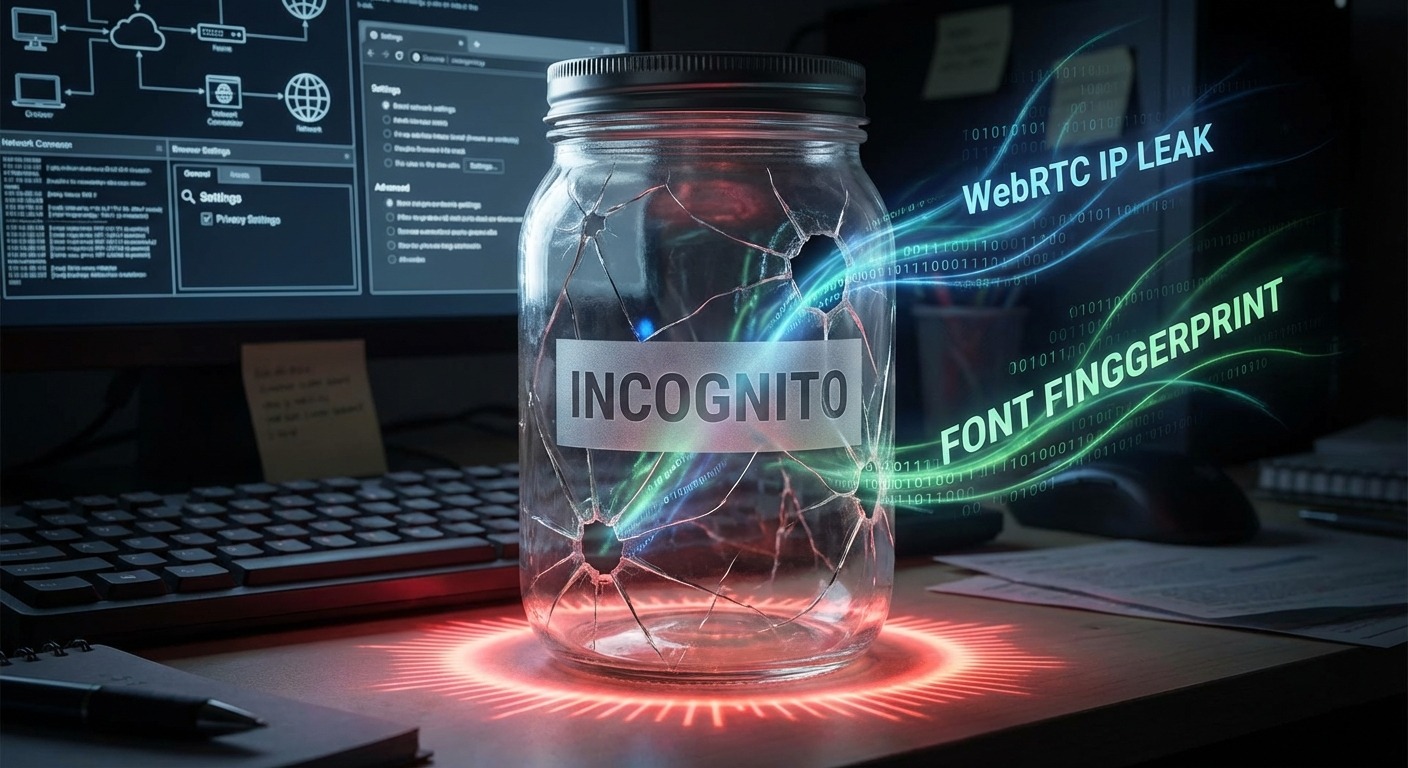 Incognito mode container leaks data via WebRTC and font fingerprinting.