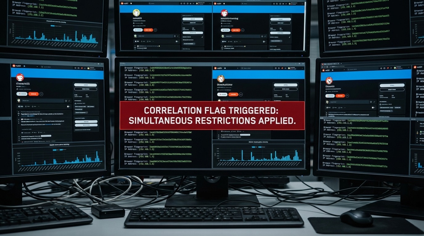 Multiple Reddit accounts linked, triggering simultaneous restrictions.