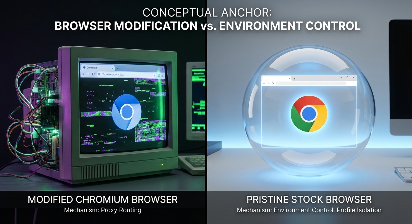 What is an Antidetect Browser? The Critical Guide for 2026 8 Modified browser vs stock browser in glass sphere. Environment control, antidetect.