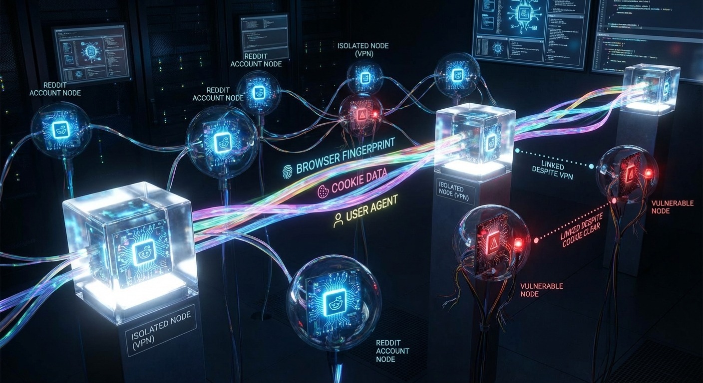 Interconnected Reddit accounts exposed by browser fingerprinting.