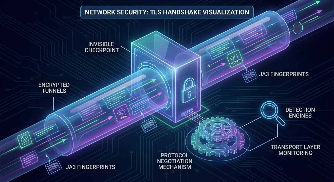 Transport-layer detection: TLS handshake, JA3 fingerprint, HTTP/2, QUIC, encrypted tunnels.