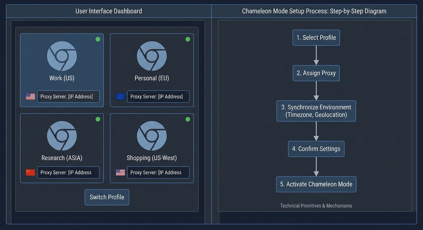 User interface showing browser profile setup with proxy configuration.