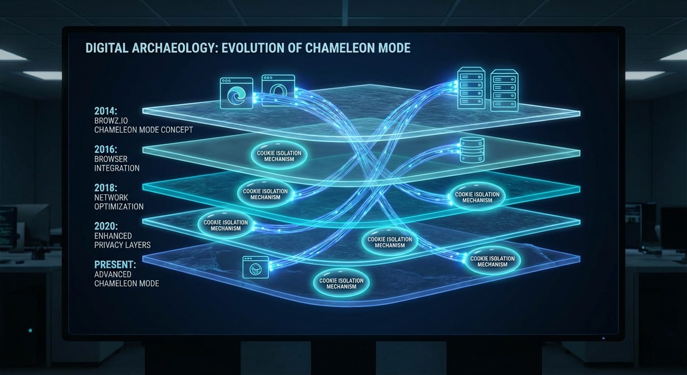 Digital archaeology visualization showing Chameleon Mode's evolution from Browz.io with intertwined network cables.