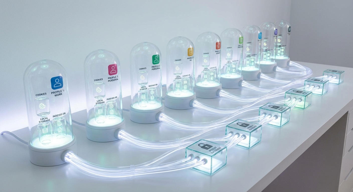 Isolated containers representing browser profiles, each with its own network connection and settings.