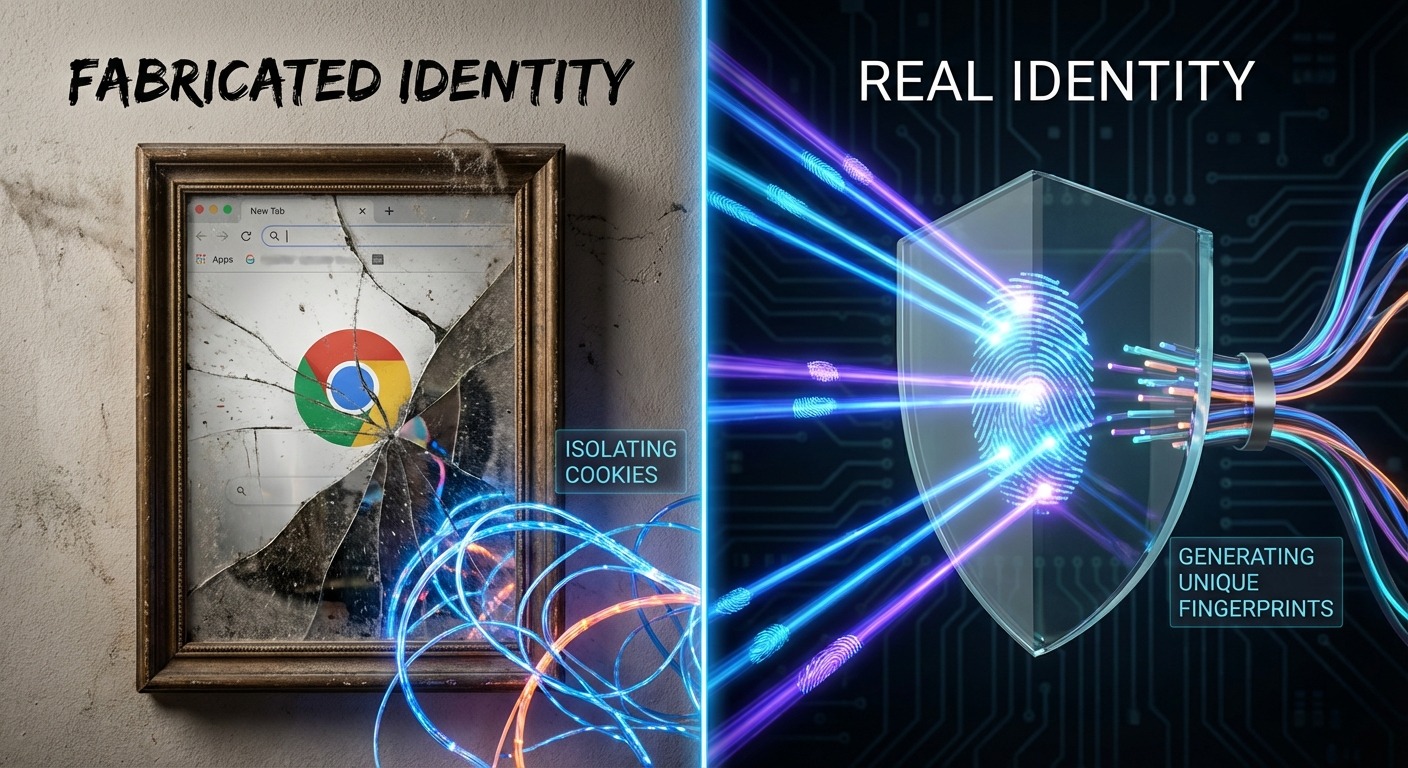 What is an Antidetect Browser? The Critical Guide for 2026 2 Cracked mirror vs glass shield. what is an Antidetect browser concept, fingerprint data streams.