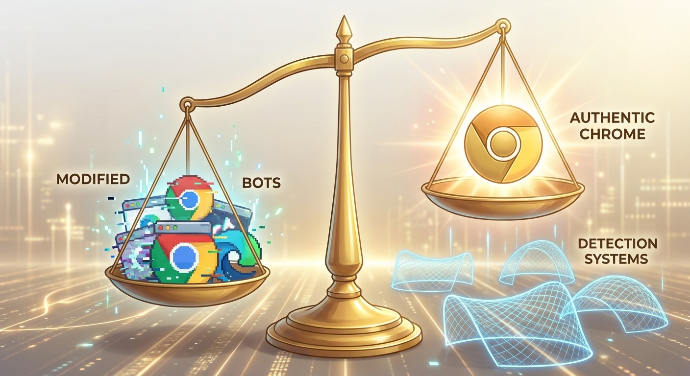 Scale tipping in favor of authenticity, representing the long-term benefits of using real browsers.