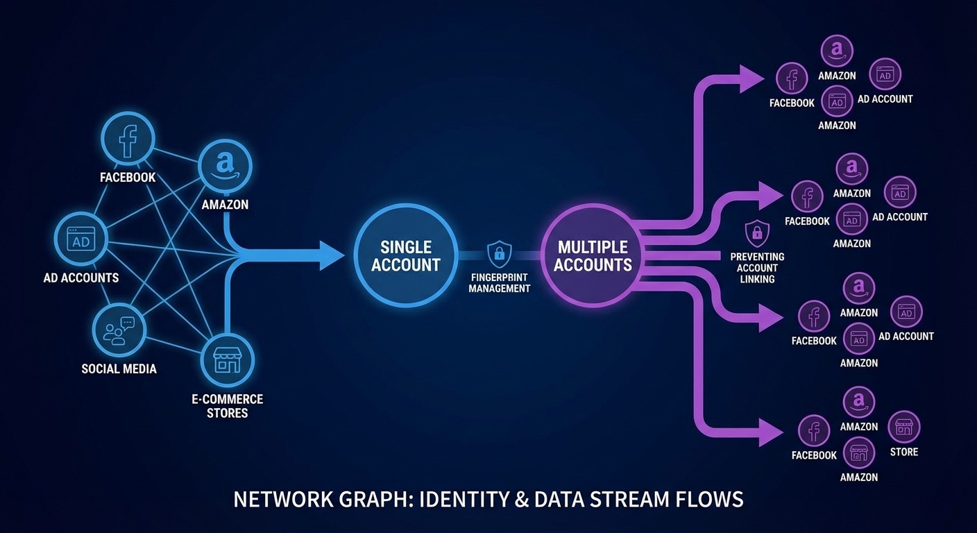 What is an Antidetect Browser? The Critical Guide for 2026 5 Parallel data streams, multiple online identities. Network graph, antidetect browser.