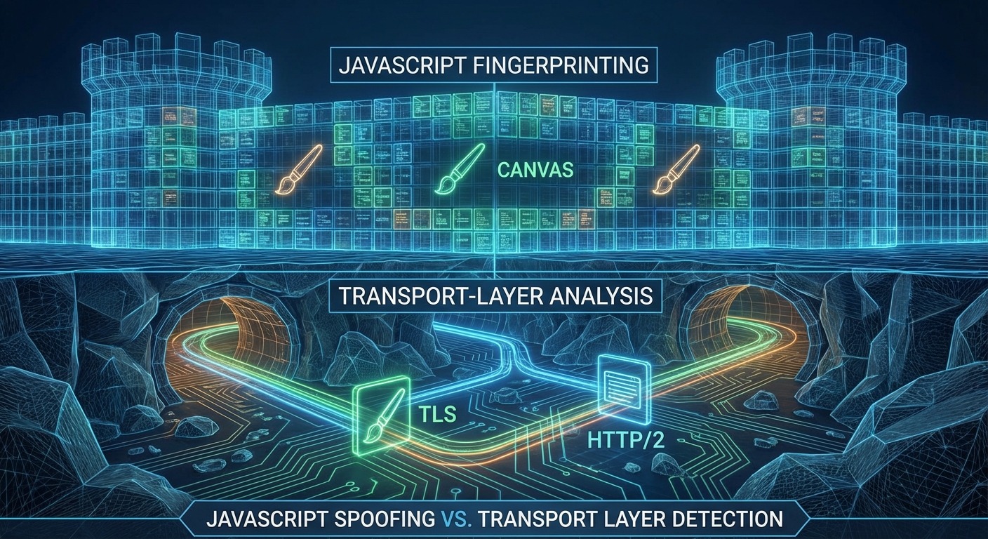 What is an Antidetect Browser? The Critical Guide for 2026 7 Fortress wall, hidden tunnel. JavaScript, TLS, HTTP/2. Antidetect browser.