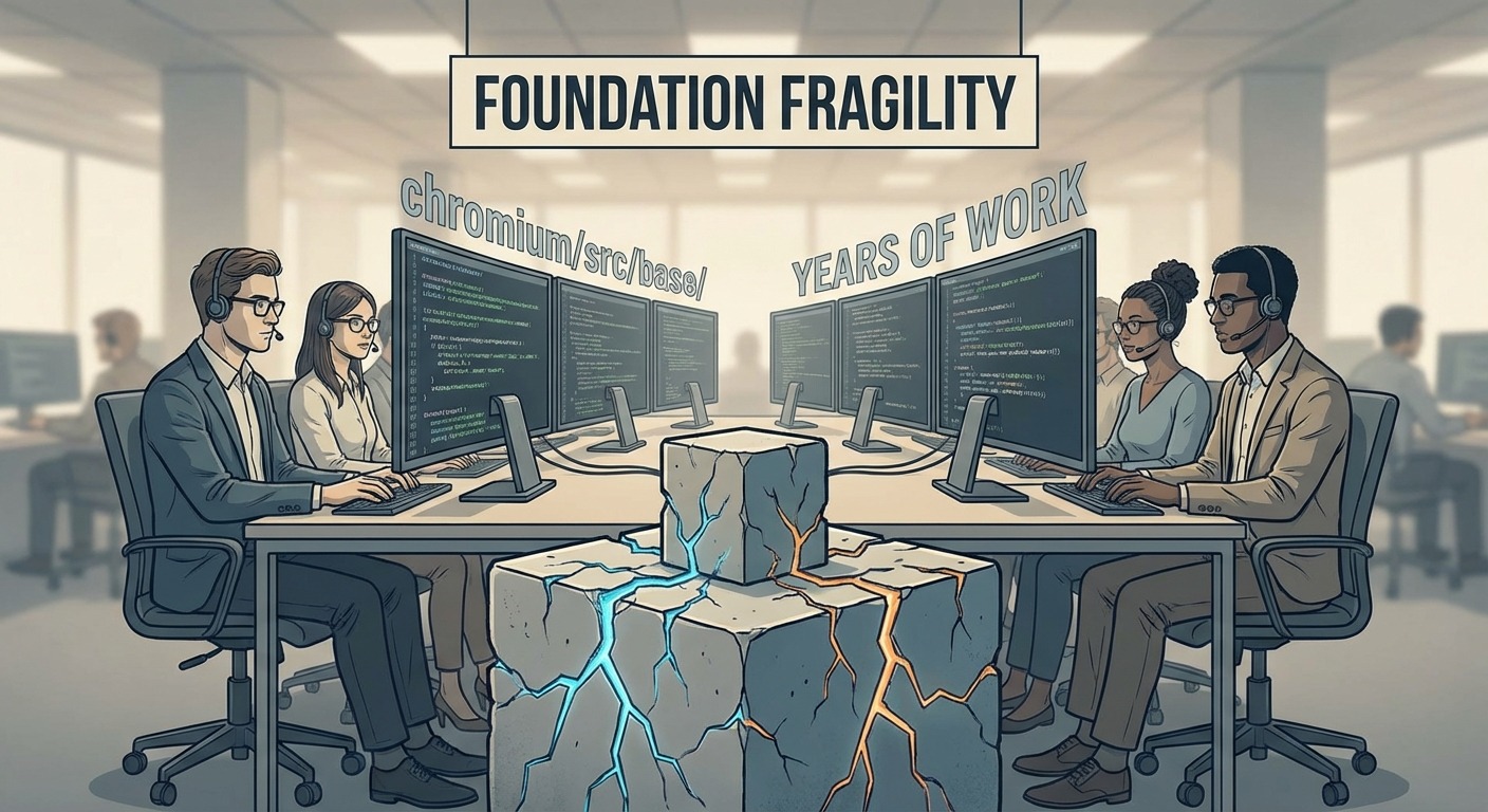 Digital illustration of a cracked foundation with visible damage, representing a faulty software base. Developers are shown working on a complex Chromium codebase in the background, symbolizing years of effort.