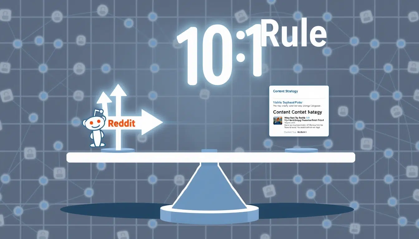 Digital scale with Reddit arrows and nodes, symbolizing the 10:1 Rule.