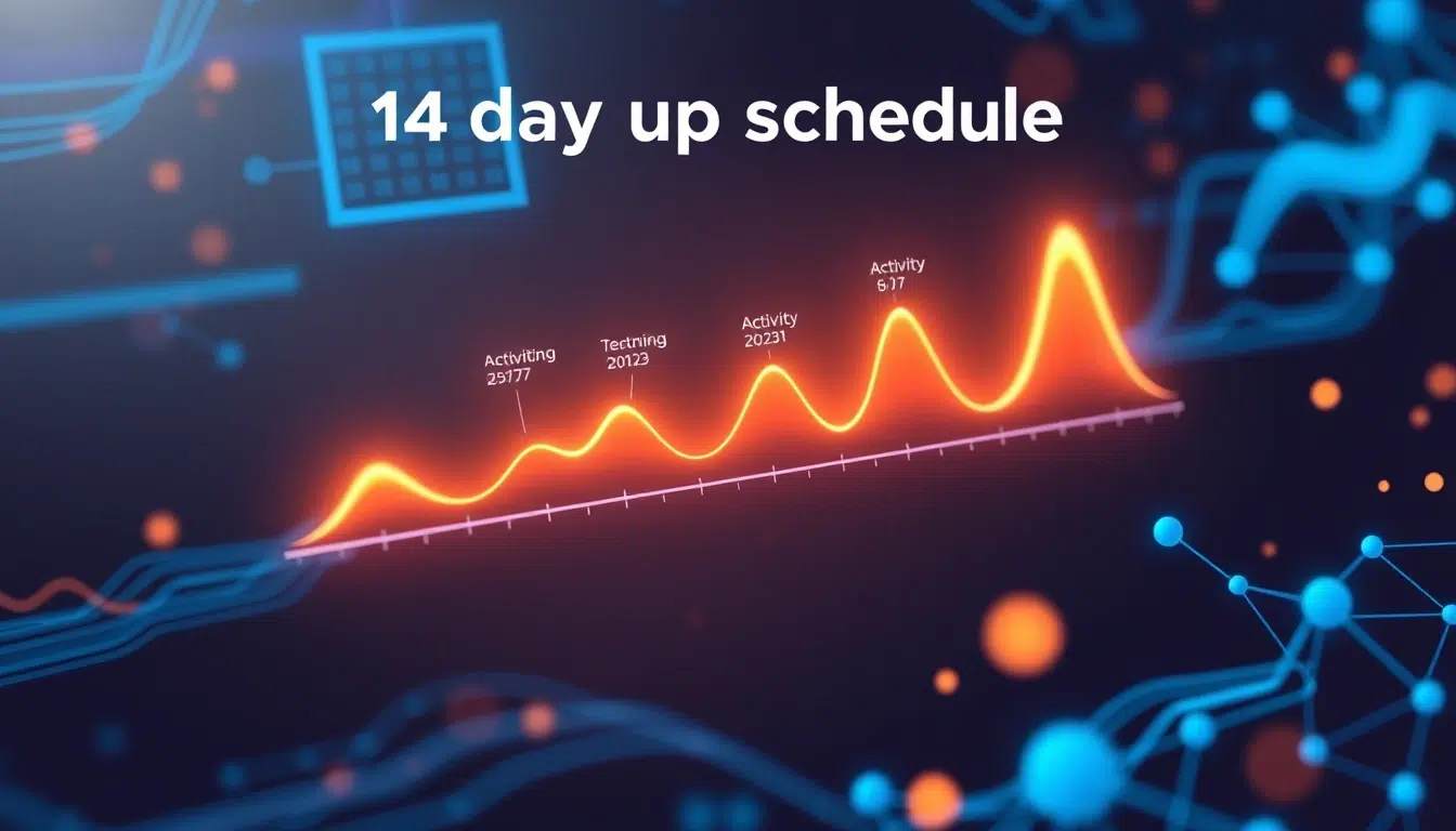Digital timeline with phases and nodes, symbolizing a 14-day warm-up schedule.