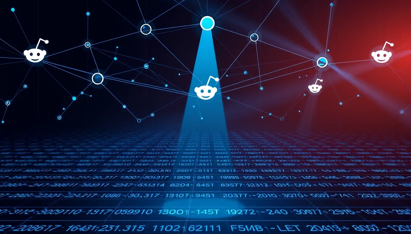 Surveillance network with digital nodes and IP matrix, symbolizing Reddit algorithm.