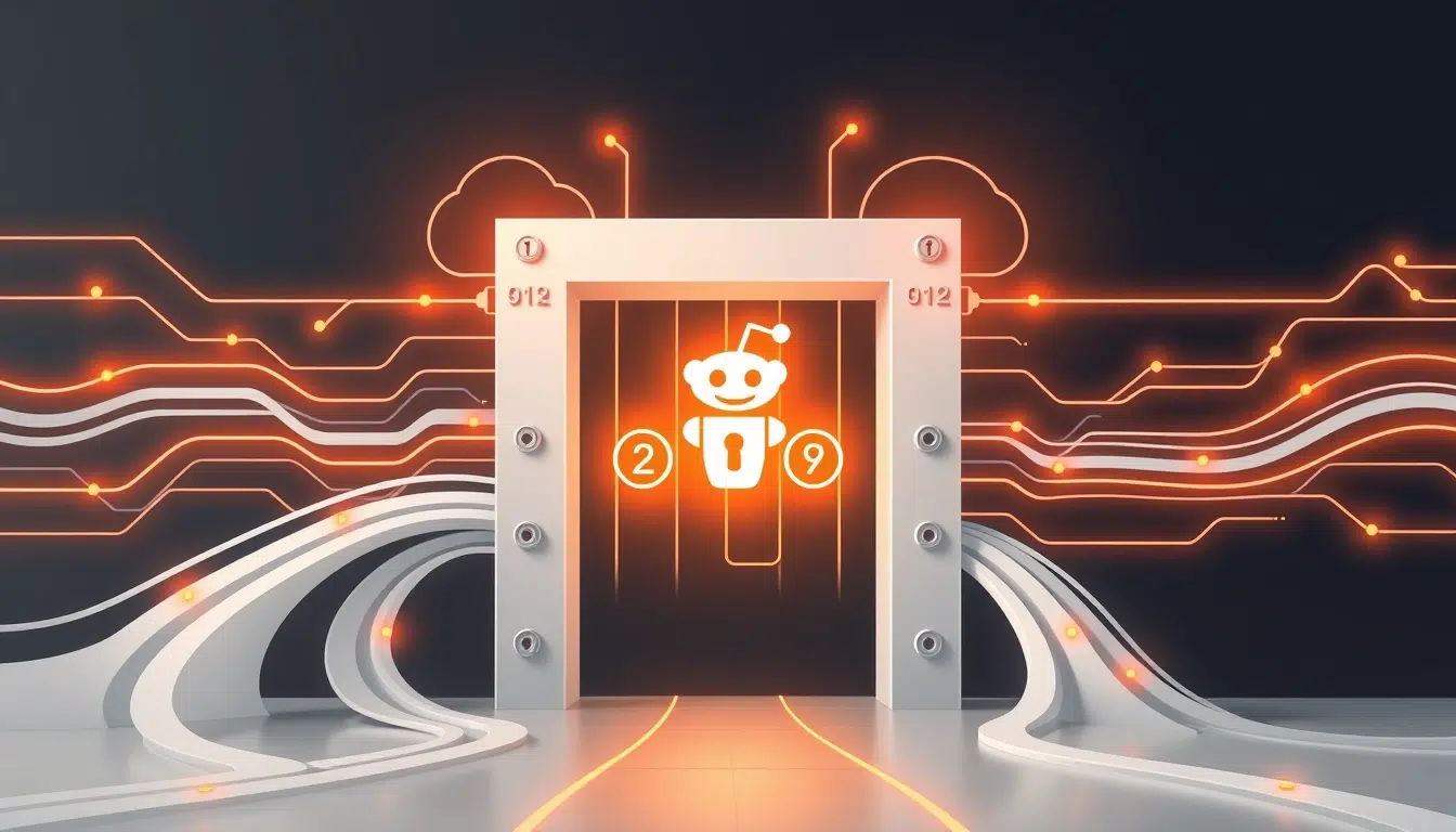 Digital gateway with glowing locks and data streams representing Reddit Karma.
