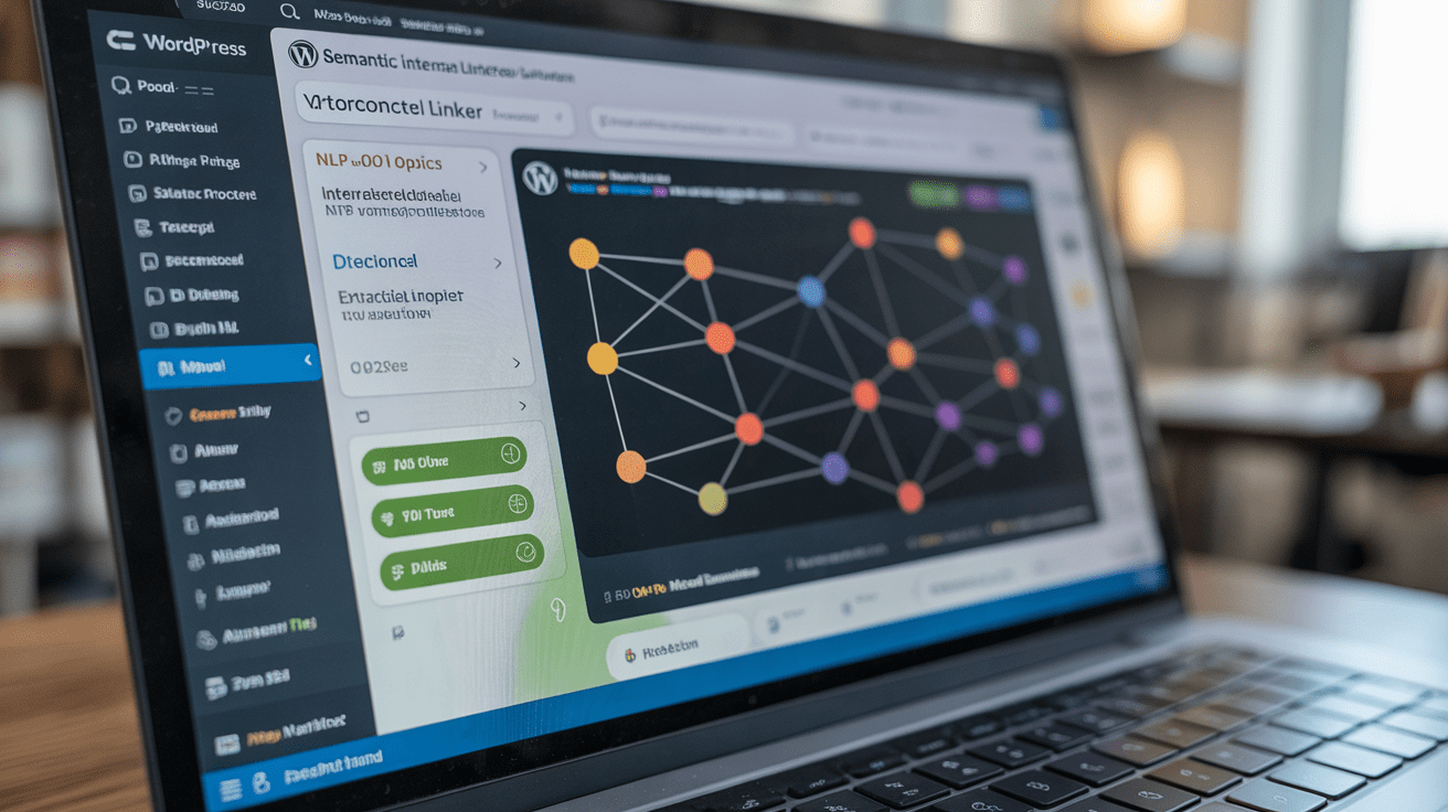 WordPress dashboard with Semantic Internal Linker tool showing interconnected topics.
