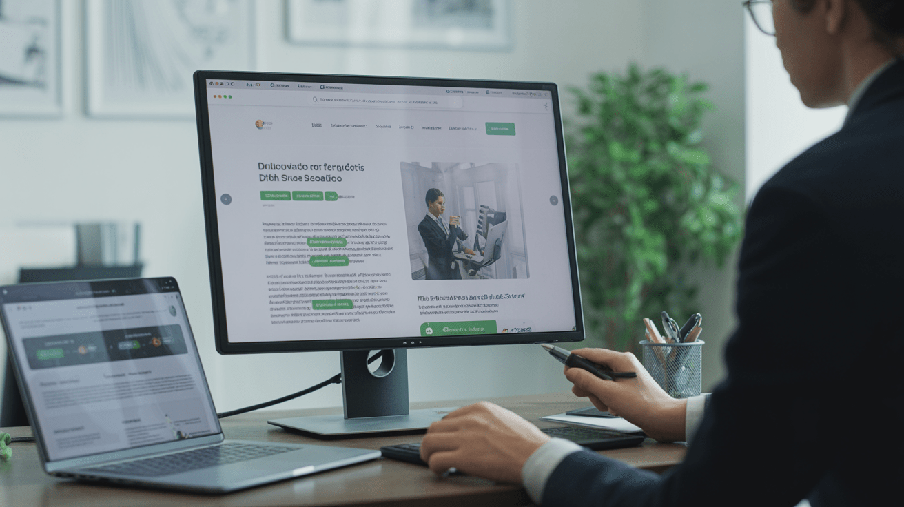 Person analyzing website with highlighted internal links on a desktop screen.