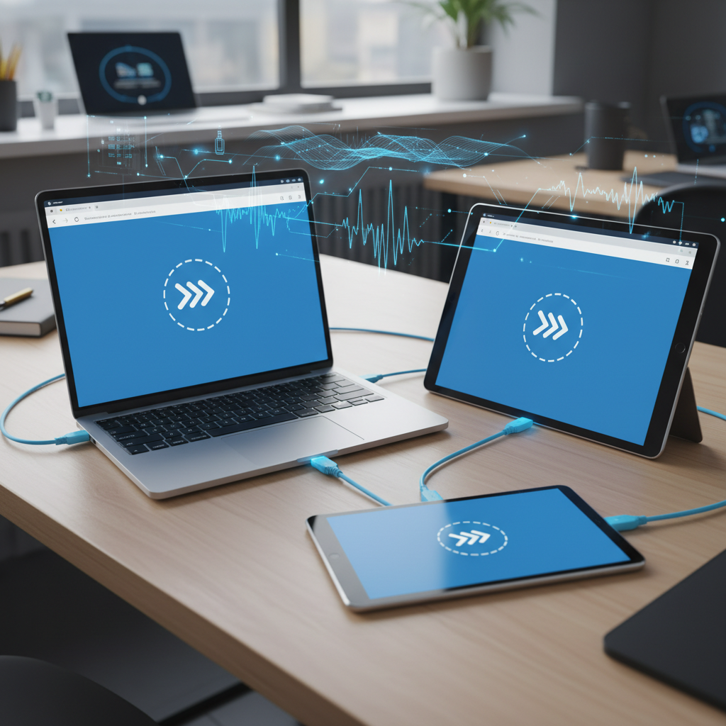 Devices with identical browser screens illustrating synchronization.