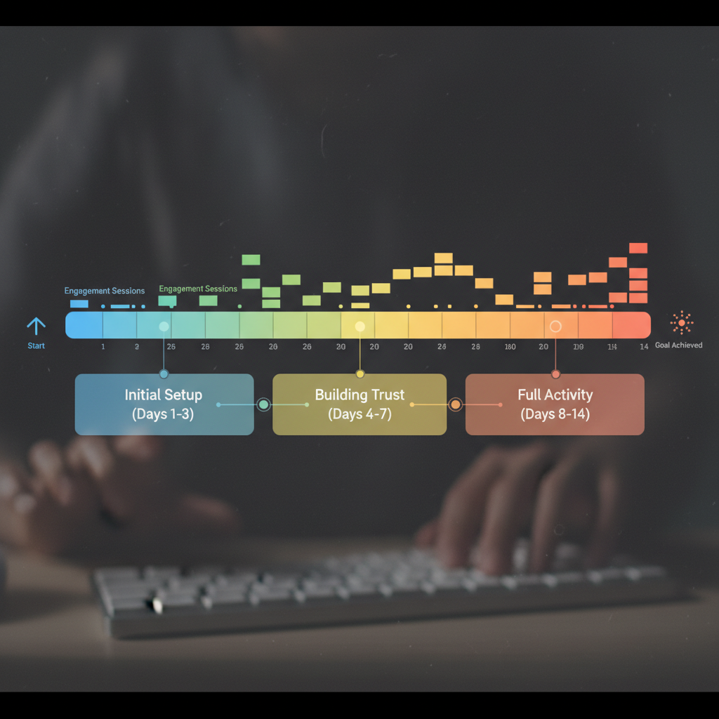 Timeline on screen showing account warming stages with user engagement.