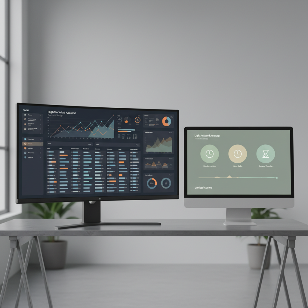 Contrasting computer screens showing high workload vs limited actions.