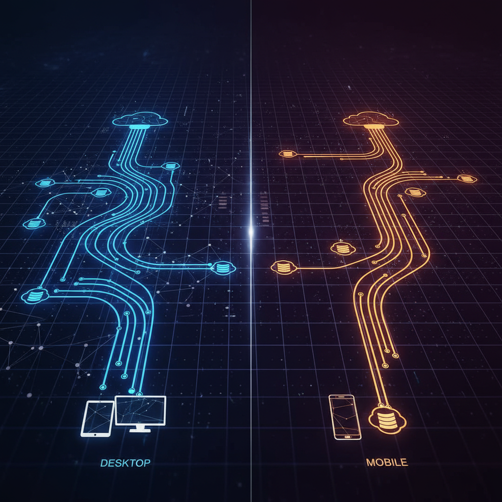 Digital interface with API request patterns for mobile and desktop displayed.