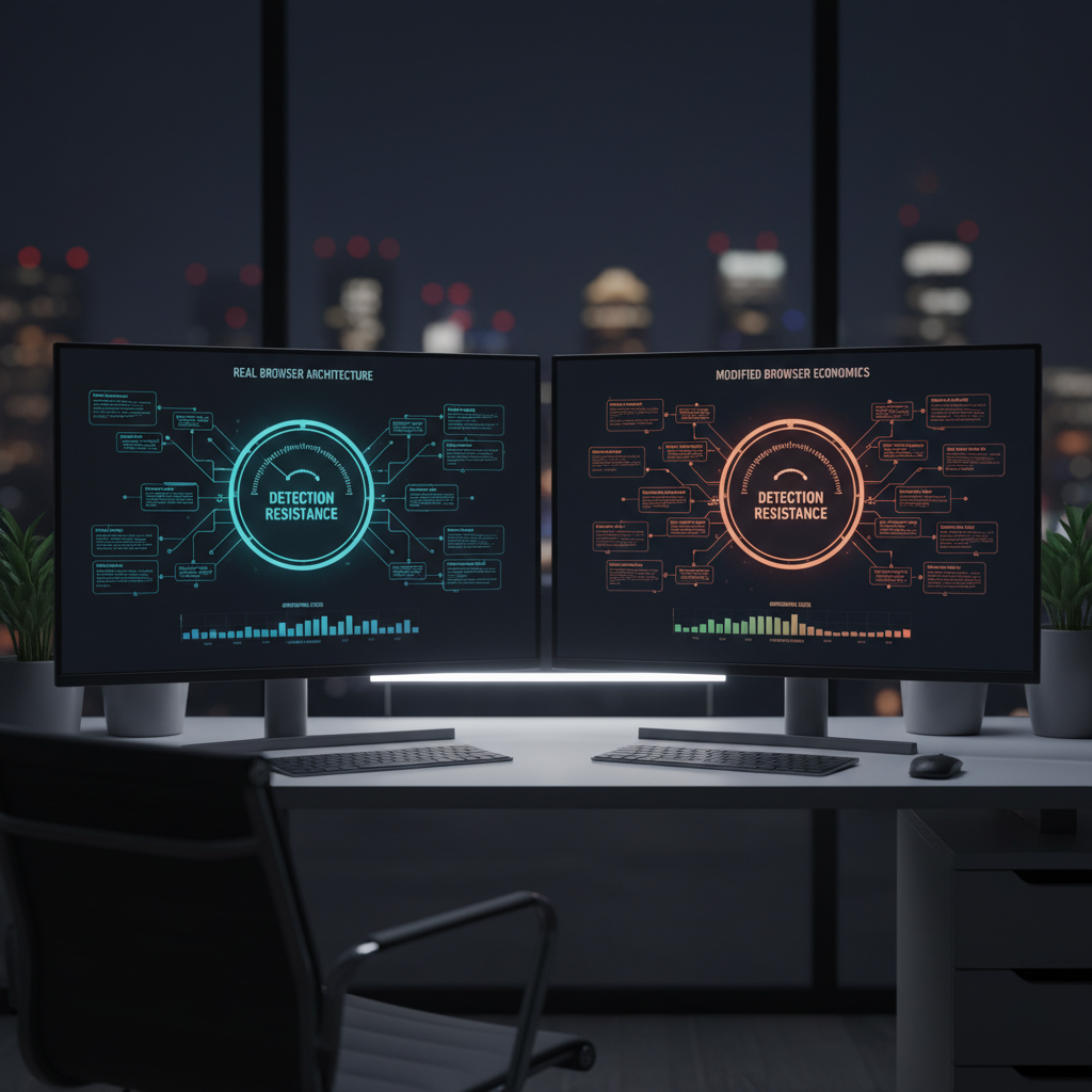 Dual screens comparing real and modified browser architectures, modern tech setup.