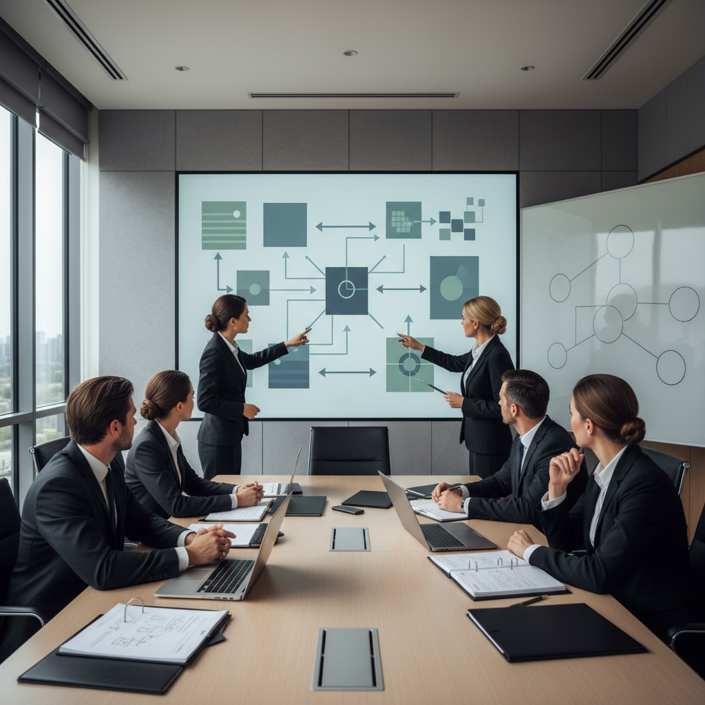 Meeting room with professionals analyzing risk assessment frameworks.