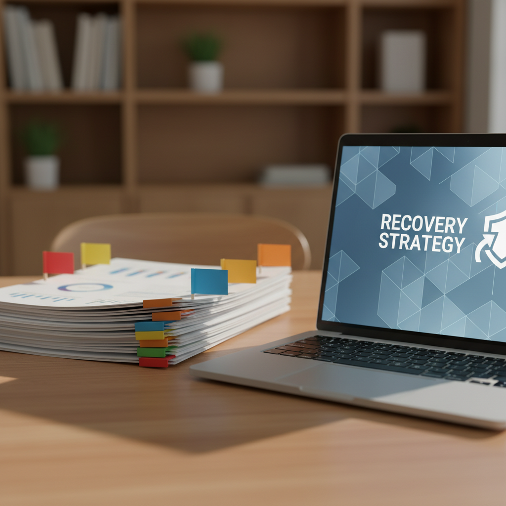 Desk with flagged profile documents and open laptop.