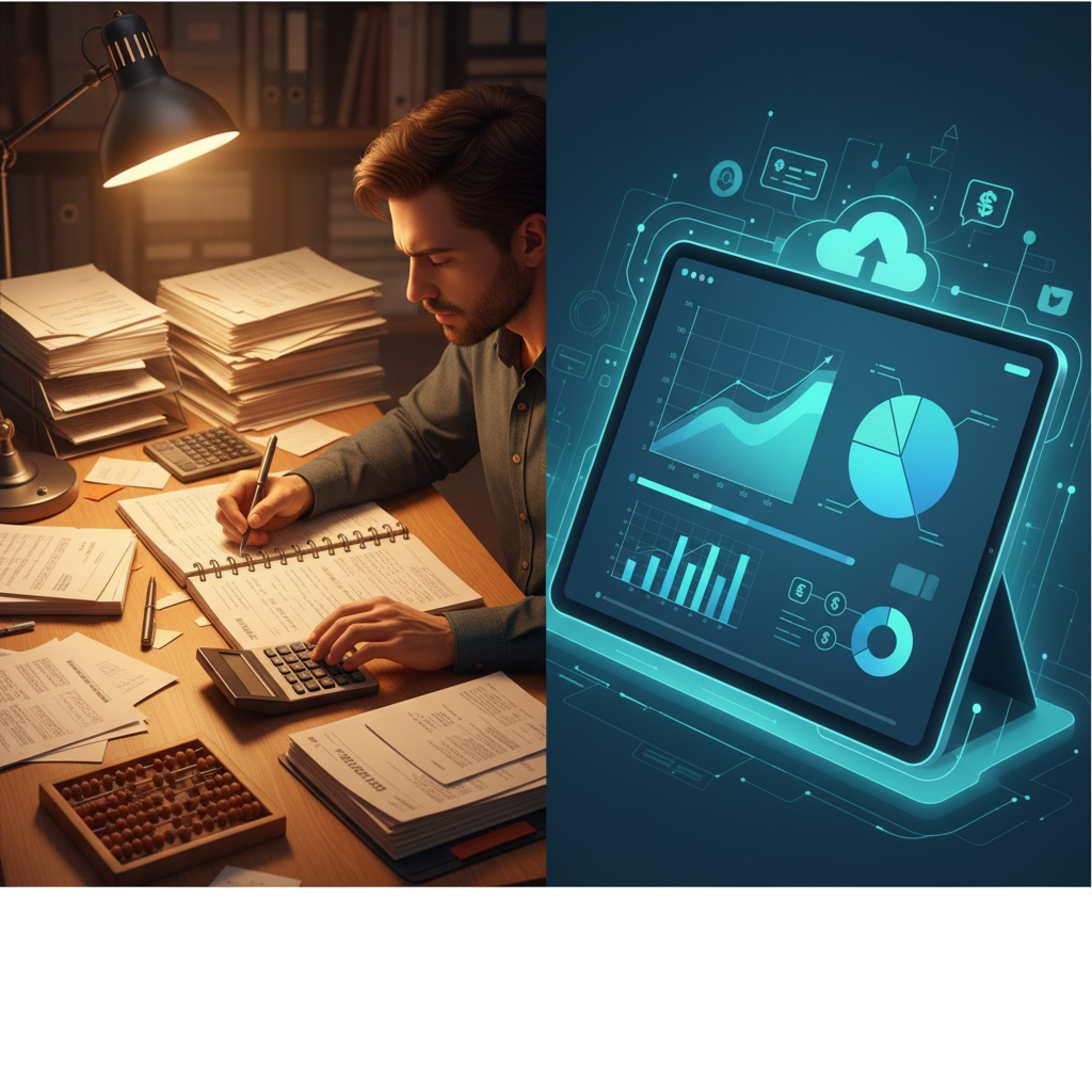 Comparison of manual account tracking vs automated software interface.