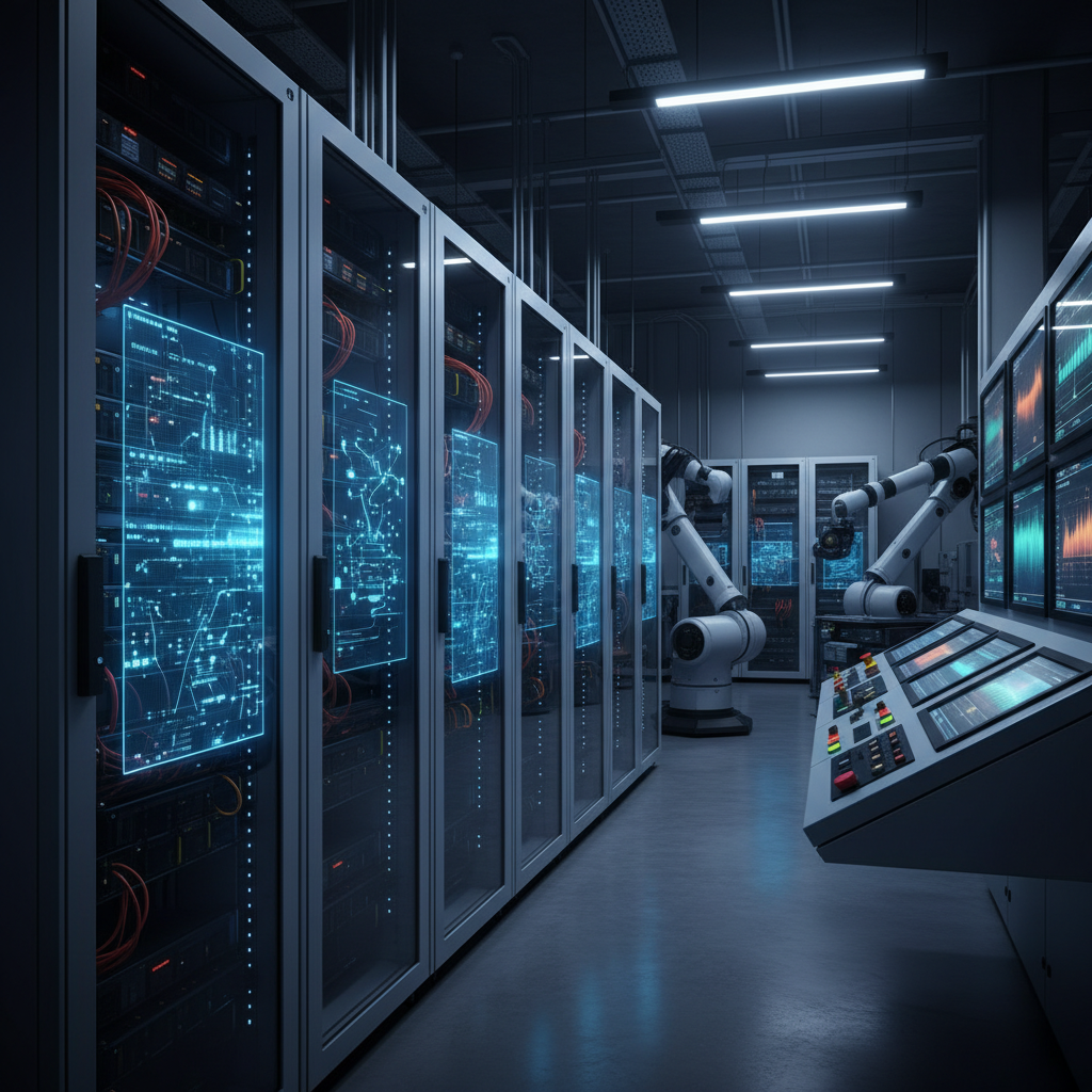 Server room with queue management systems and digital displays