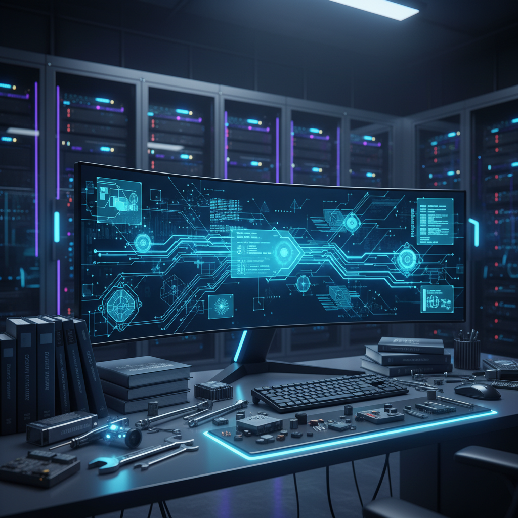 Workspace with automation integration software and technical manuals.