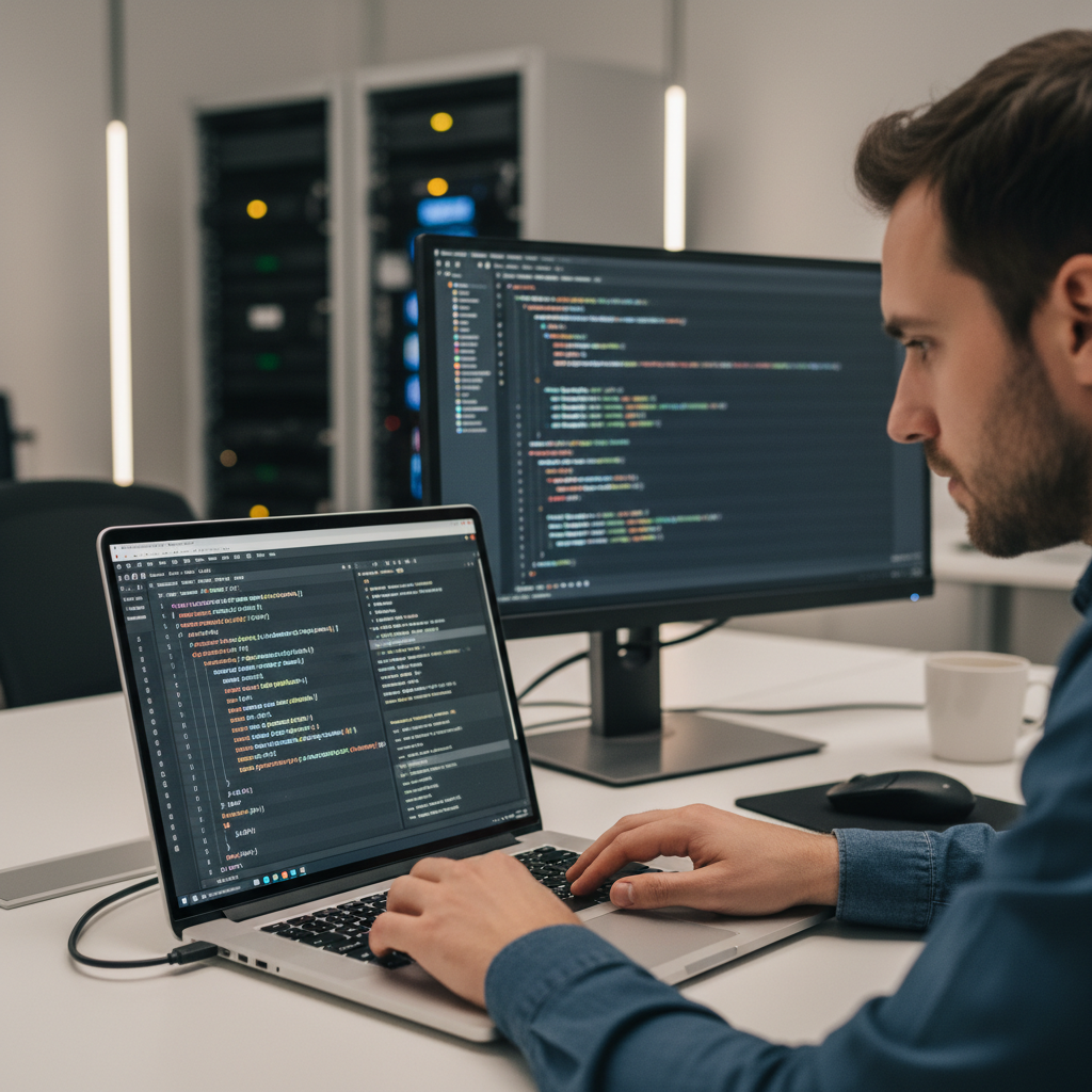 Developer using laptop with stealth plugins, modifying browser properties.