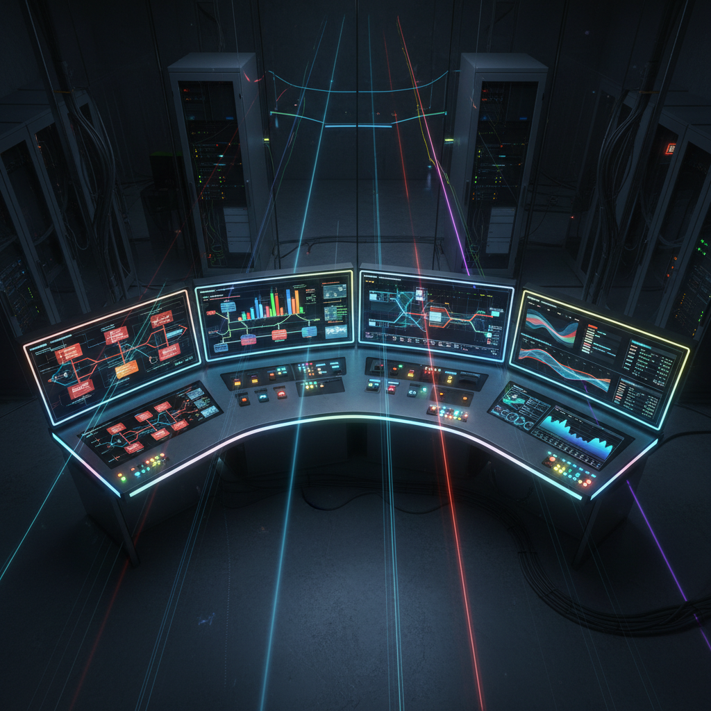 Control panel with screens showing automation workflows and sequences.