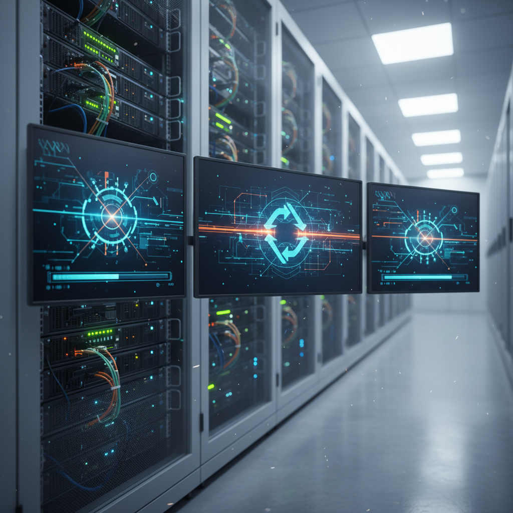 Automated backup systems with servers and monitors displaying data synchronization.