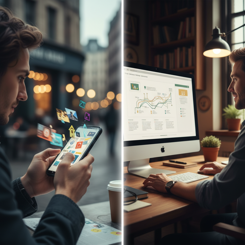 Mobile and desktop users showing scroll velocity differences in side-by-side scenes.